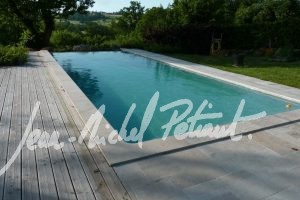 Piscine et sa plage en bois et pierre